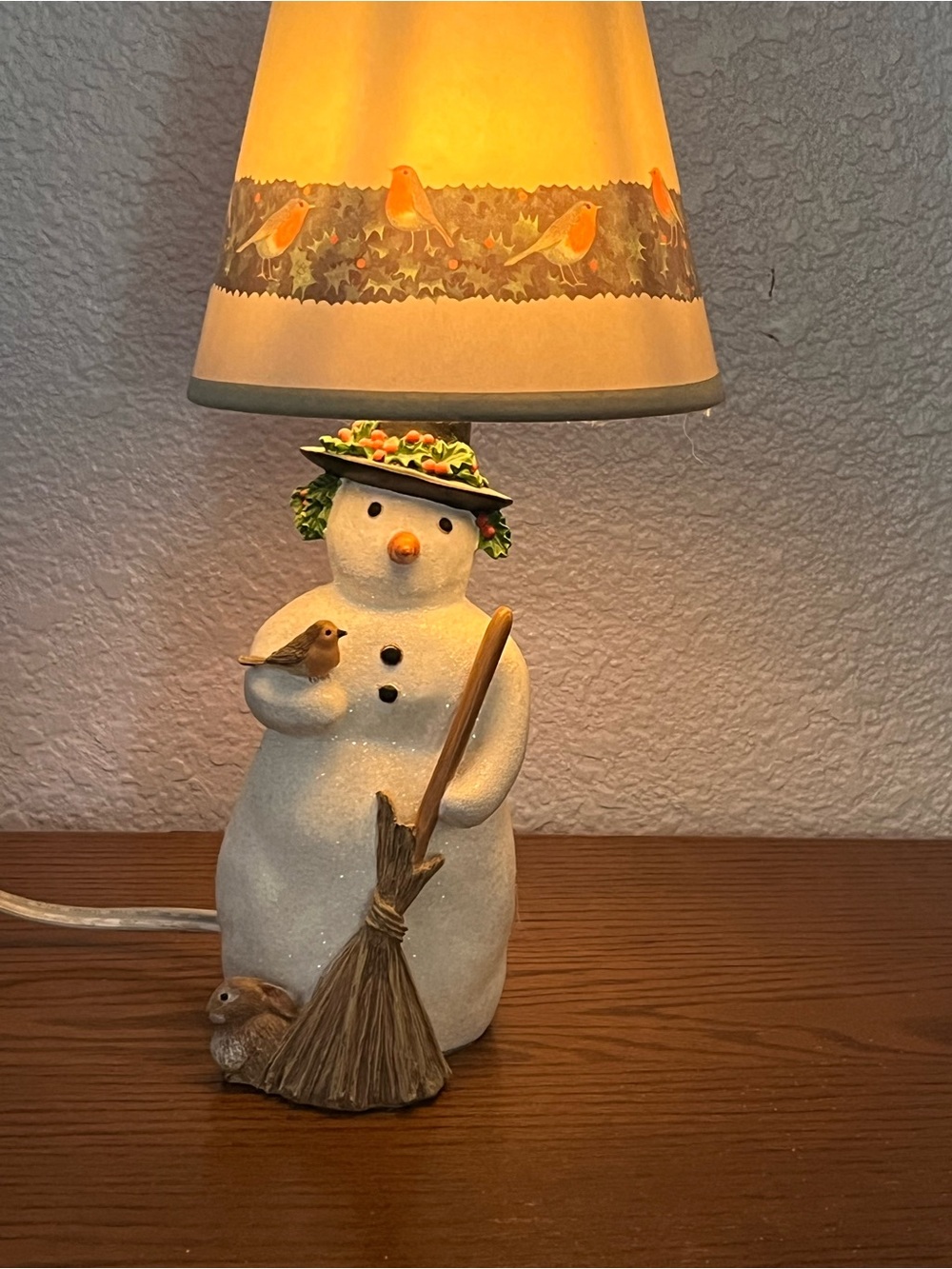 Festive Snowman Table Lamp with Green Hat and Bird Accent Christmas in July